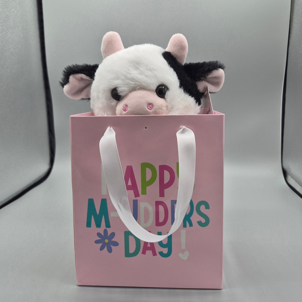 Way to Celebrate Cow Plush in Happy Mothers Day Gift Bag White Black 10 inch